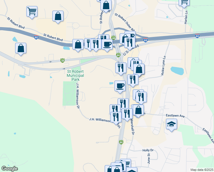 map of restaurants, bars, coffee shops, grocery stores, and more near Vfw Memorial Drive in Saint Robert