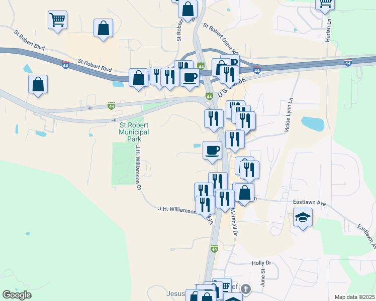 map of restaurants, bars, coffee shops, grocery stores, and more near Vfw Memorial Drive in Saint Robert
