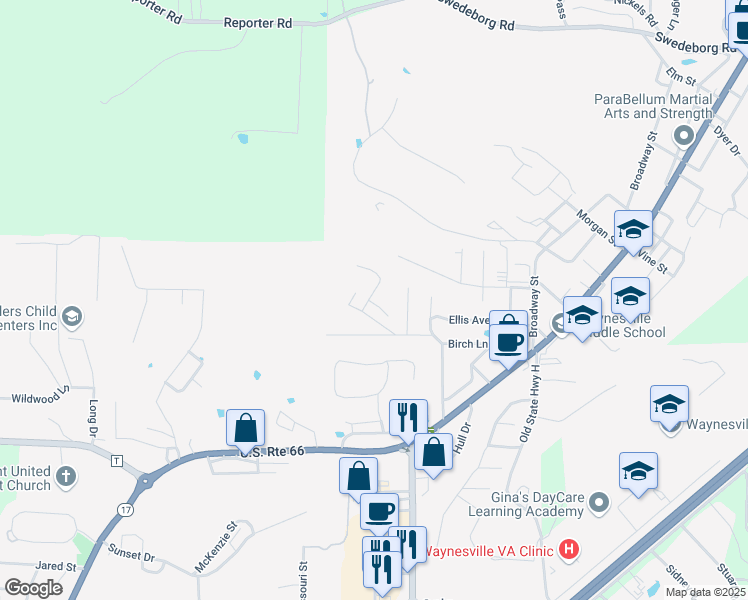 map of restaurants, bars, coffee shops, grocery stores, and more near 110 Ballew Lane in Waynesville
