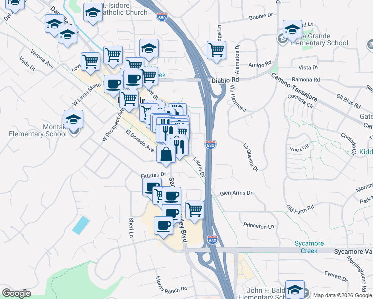 map of restaurants, bars, coffee shops, grocery stores, and more near 50 Laurel Court in Danville