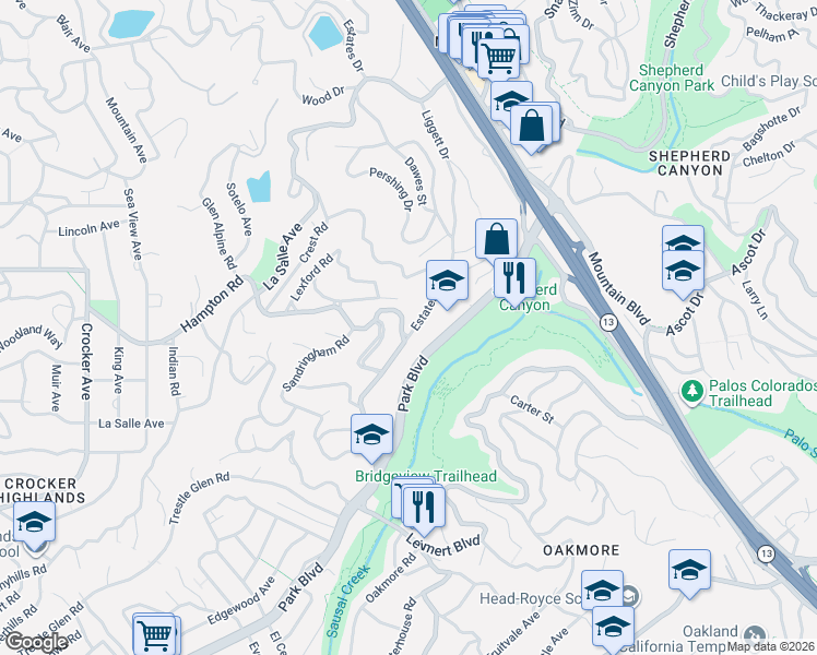 map of restaurants, bars, coffee shops, grocery stores, and more near 200 Estates Drive in Piedmont