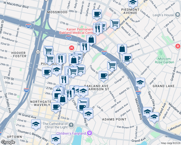 map of restaurants, bars, coffee shops, grocery stores, and more near in Oakland