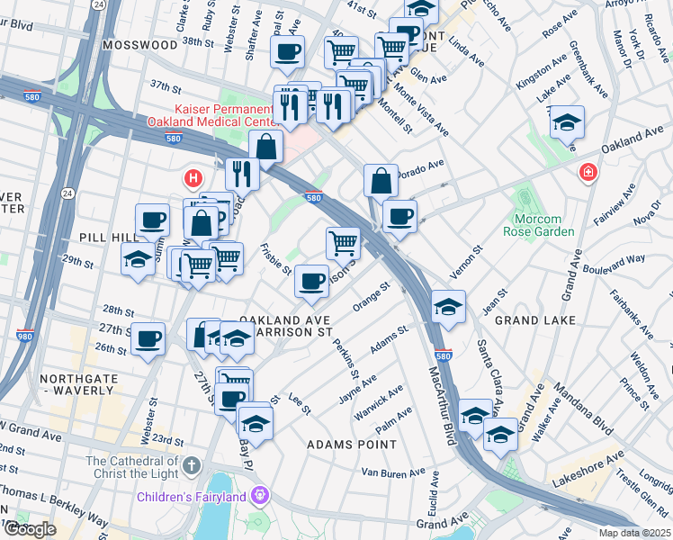 map of restaurants, bars, coffee shops, grocery stores, and more near 3233 Harrison Street in Oakland