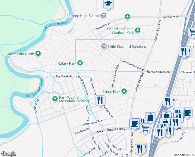 map of restaurants, bars, coffee shops, grocery stores, and more near 16001 Barbara Terry Boulevard in Lathrop
