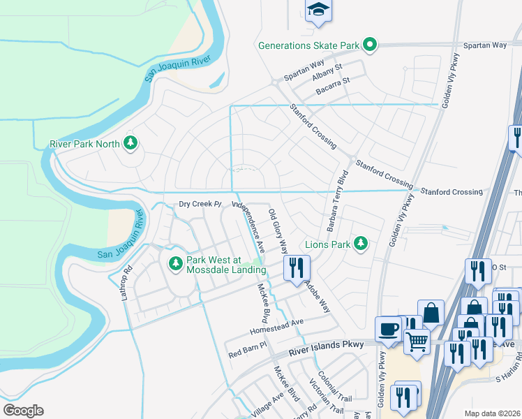 map of restaurants, bars, coffee shops, grocery stores, and more near 15824 Independence Avenue in Lathrop
