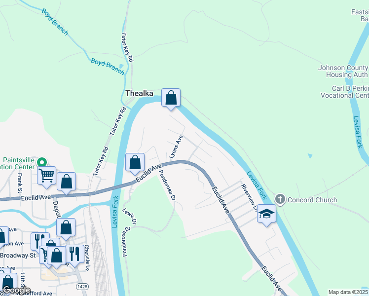map of restaurants, bars, coffee shops, grocery stores, and more near 1025 Euclid Avenue in Paintsville