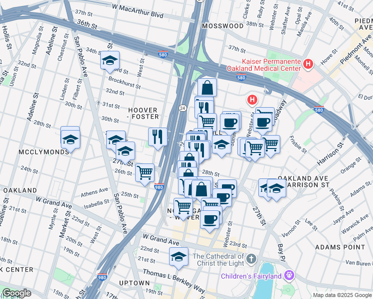 map of restaurants, bars, coffee shops, grocery stores, and more near 2831 Telegraph Avenue in Oakland