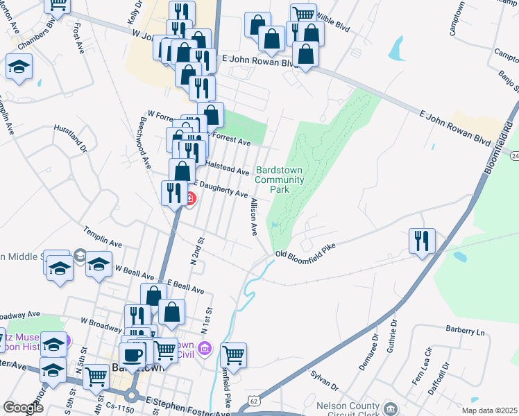 map of restaurants, bars, coffee shops, grocery stores, and more near 628 Allison Avenue in Bardstown