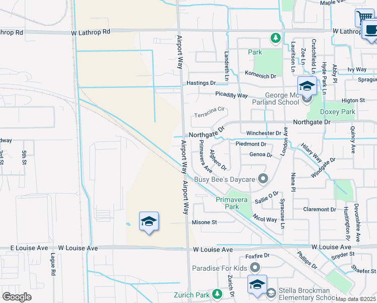 map of restaurants, bars, coffee shops, grocery stores, and more near 1392 Gianna Lane in Manteca