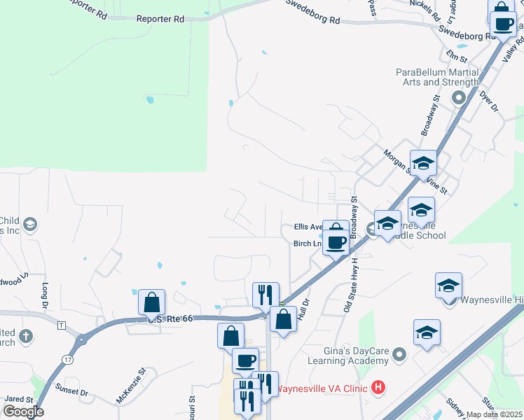 map of restaurants, bars, coffee shops, grocery stores, and more near 110 Ballew Lane in Waynesville