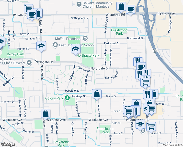 map of restaurants, bars, coffee shops, grocery stores, and more near 1414 Pajaro Avenue in Manteca