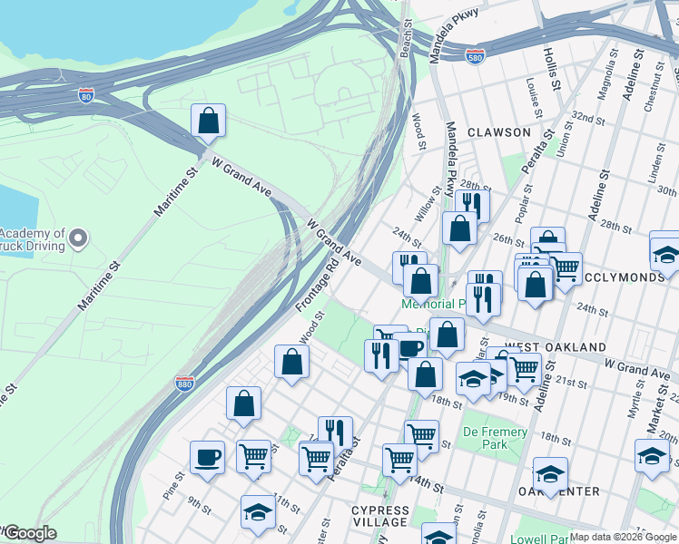 map of restaurants, bars, coffee shops, grocery stores, and more near 2121 Wood Street in Oakland