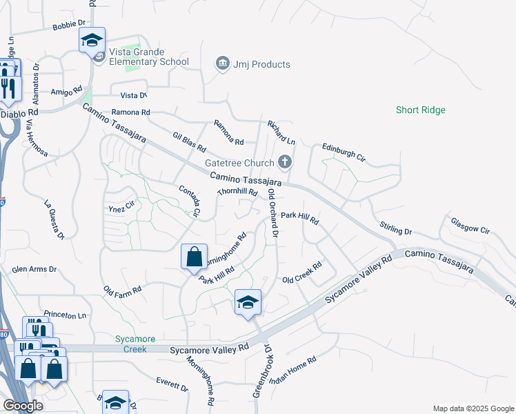 map of restaurants, bars, coffee shops, grocery stores, and more near 405 Sycamore Hill Drive in Danville