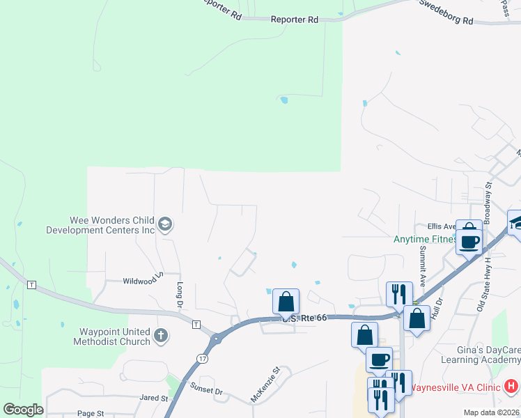 map of restaurants, bars, coffee shops, grocery stores, and more near 242 Settlers Pass in Waynesville
