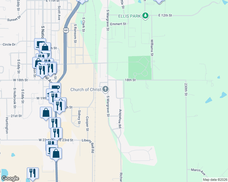 map of restaurants, bars, coffee shops, grocery stores, and more near 1823 South Margrave Street in Fort Scott