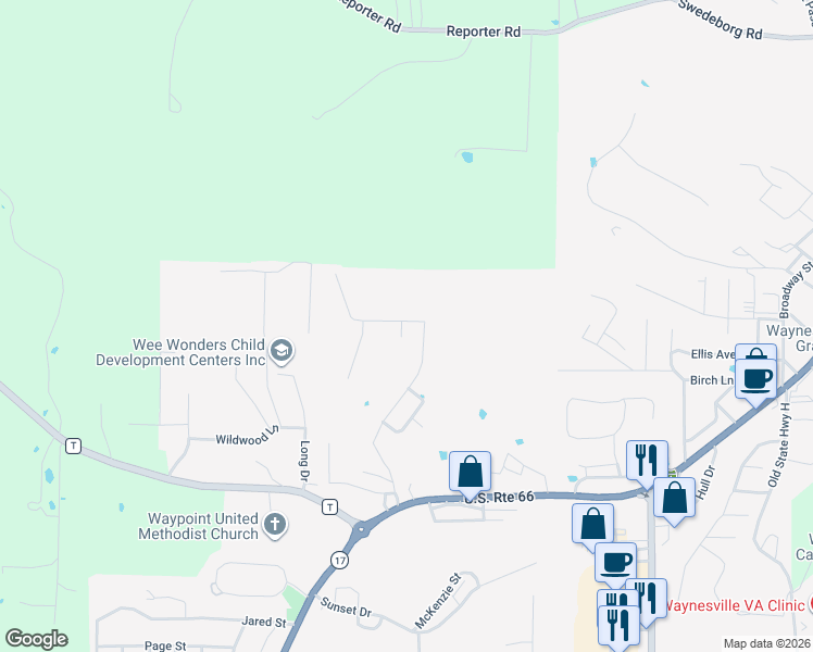 map of restaurants, bars, coffee shops, grocery stores, and more near 101 Ridge Court in Waynesville