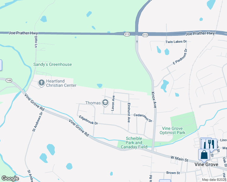 map of restaurants, bars, coffee shops, grocery stores, and more near 301 Lavon Avenue in Vine Grove