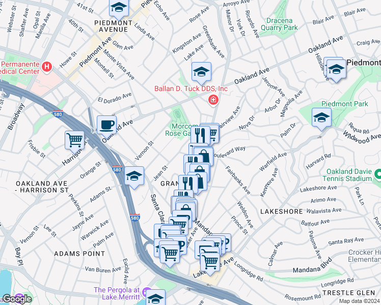 map of restaurants, bars, coffee shops, grocery stores, and more near 3827 Grand Avenue in Oakland