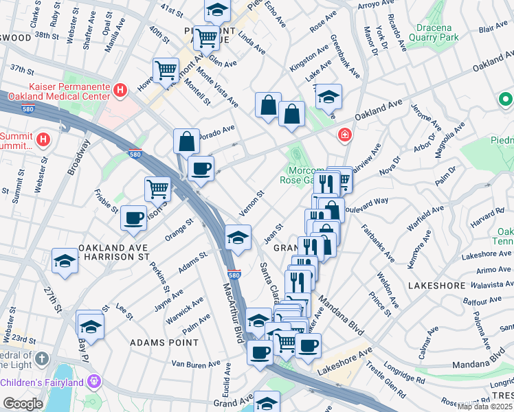 map of restaurants, bars, coffee shops, grocery stores, and more near 554 Vernon Street in Oakland