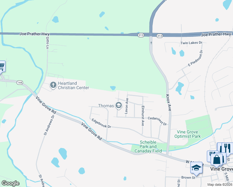 map of restaurants, bars, coffee shops, grocery stores, and more near 203 Debbie Drive in Vine Grove