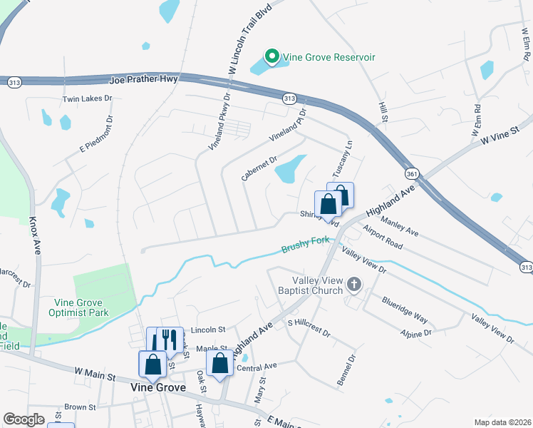 map of restaurants, bars, coffee shops, grocery stores, and more near 504 Concord Grape Way in Vine Grove