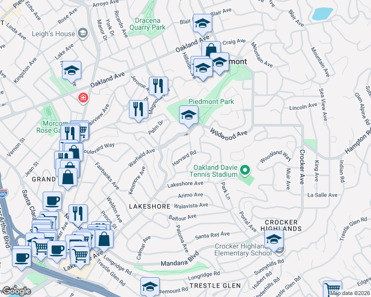 map of restaurants, bars, coffee shops, grocery stores, and more near 1130 Ranleigh Way in Piedmont