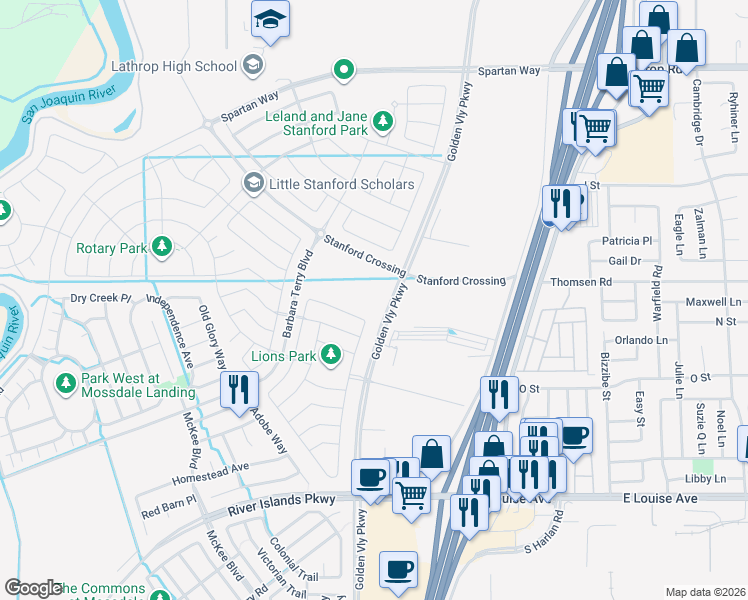 map of restaurants, bars, coffee shops, grocery stores, and more near 400 Stanford Crossing in Lathrop