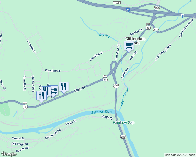 map of restaurants, bars, coffee shops, grocery stores, and more near 1031 Cliftwood Circle in Clifton Forge