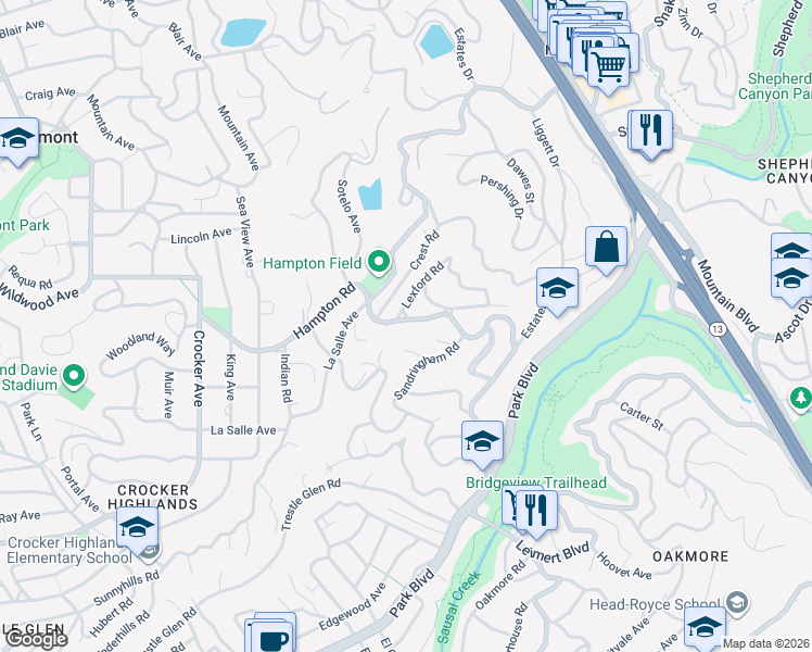 map of restaurants, bars, coffee shops, grocery stores, and more near 430 Hampton Road in Piedmont