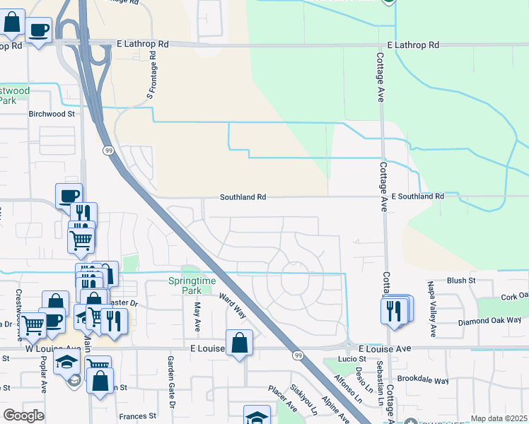 map of restaurants, bars, coffee shops, grocery stores, and more near 1388 Laurel Drive in Manteca