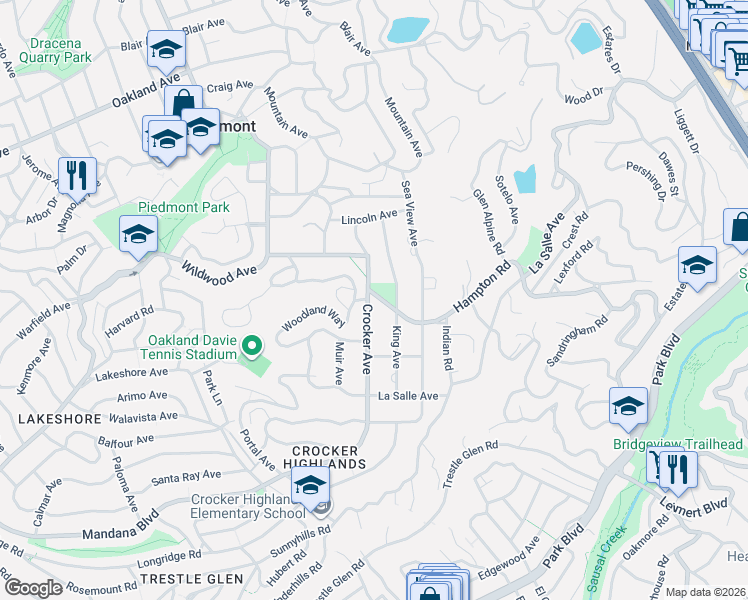 map of restaurants, bars, coffee shops, grocery stores, and more near 2 Hampton Road in Piedmont