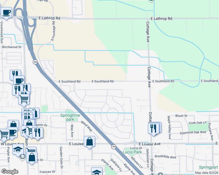 map of restaurants, bars, coffee shops, grocery stores, and more near 860 East Southland Road in Manteca