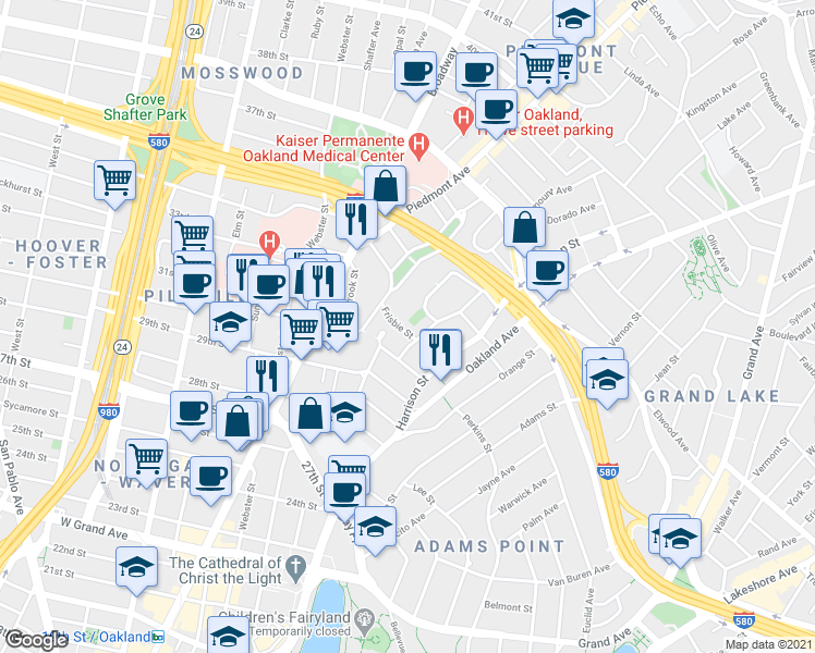 map of restaurants, bars, coffee shops, grocery stores, and more near in Oakland