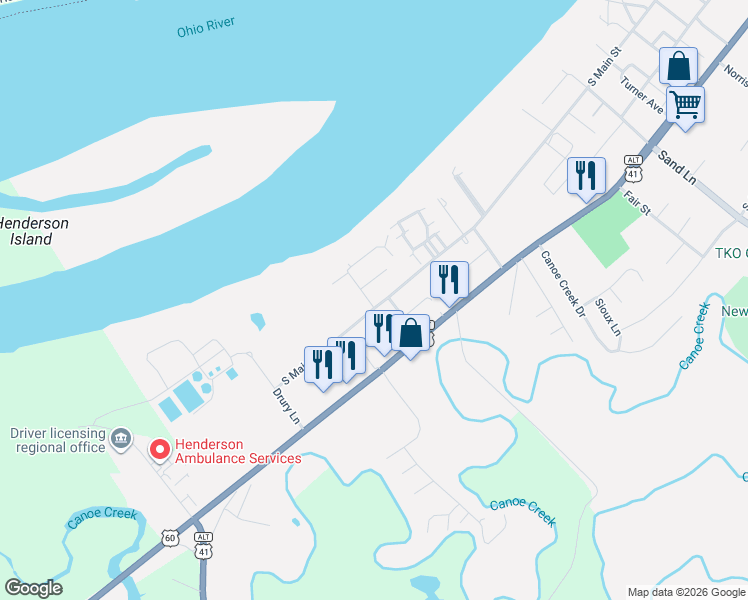 map of restaurants, bars, coffee shops, grocery stores, and more near 1708 South Main Street in Henderson