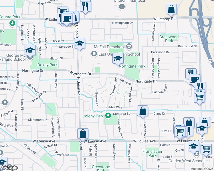 map of restaurants, bars, coffee shops, grocery stores, and more near 1450 Ridgecrest Drive in Manteca