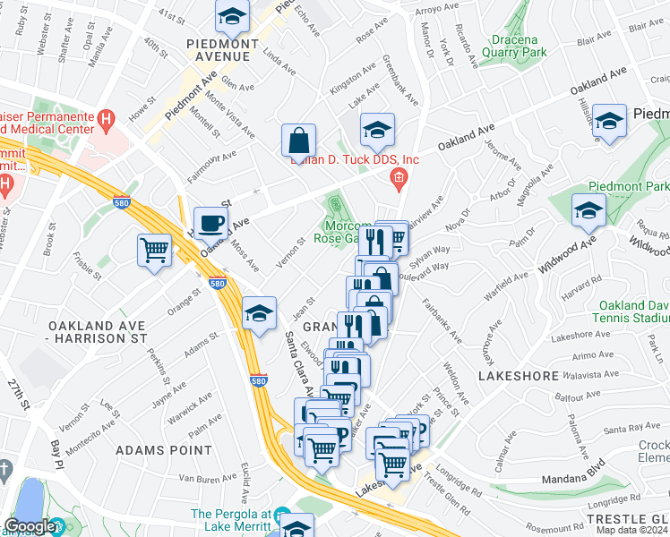 map of restaurants, bars, coffee shops, grocery stores, and more near 645 Jean Street in Oakland