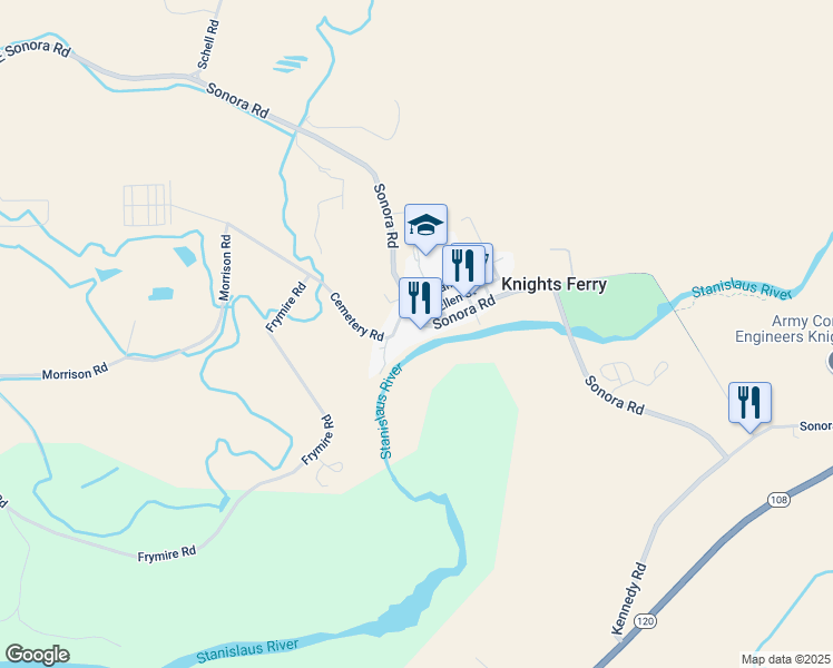 map of restaurants, bars, coffee shops, grocery stores, and more near 17525 Sonora Road in Knights Ferry