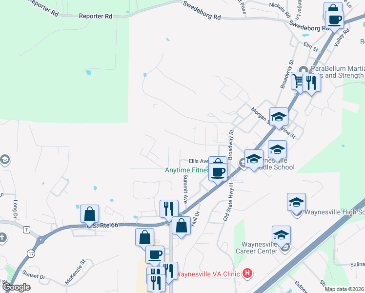 map of restaurants, bars, coffee shops, grocery stores, and more near 312 Summit Avenue in Waynesville