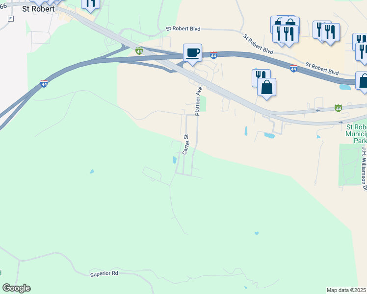 map of restaurants, bars, coffee shops, grocery stores, and more near 124 Carter Street in Saint Robert