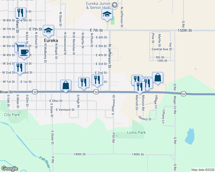 map of restaurants, bars, coffee shops, grocery stores, and more near 145-199 South Jefferson Street in Eureka