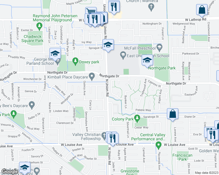 map of restaurants, bars, coffee shops, grocery stores, and more near 1445 Timber Lane in Manteca