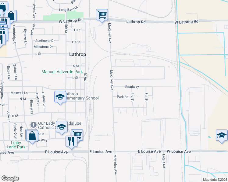 map of restaurants, bars, coffee shops, grocery stores, and more near 15810 McKinley Avenue in Lathrop