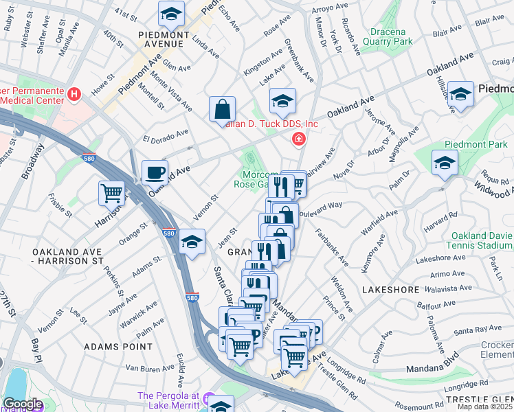 map of restaurants, bars, coffee shops, grocery stores, and more near 658 Jean Street in Oakland