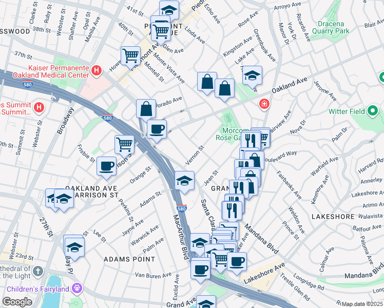 map of restaurants, bars, coffee shops, grocery stores, and more near 567 Vernon Street in Oakland