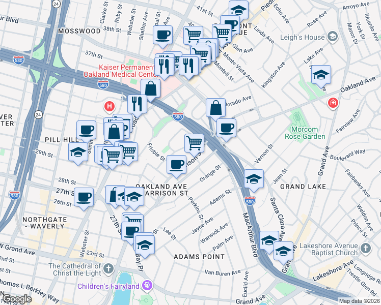 map of restaurants, bars, coffee shops, grocery stores, and more near 3210 Harrison Street in Oakland