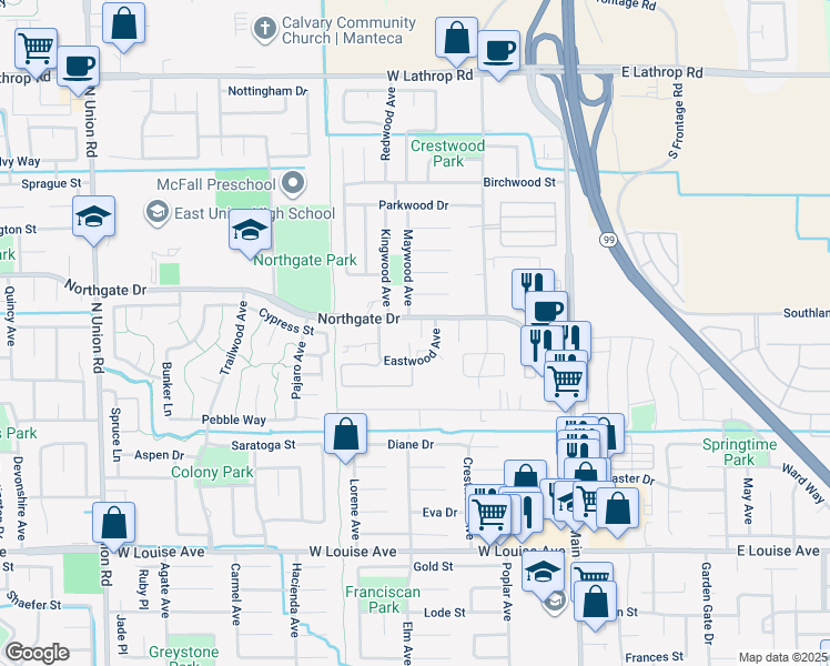 map of restaurants, bars, coffee shops, grocery stores, and more near 511 Eastwood Avenue in Manteca