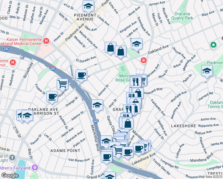 map of restaurants, bars, coffee shops, grocery stores, and more near 249 Santa Rosa Avenue in Oakland