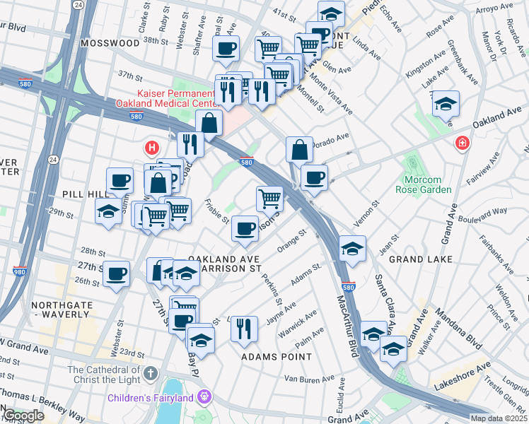 map of restaurants, bars, coffee shops, grocery stores, and more near 3210 Harrison Street in Oakland