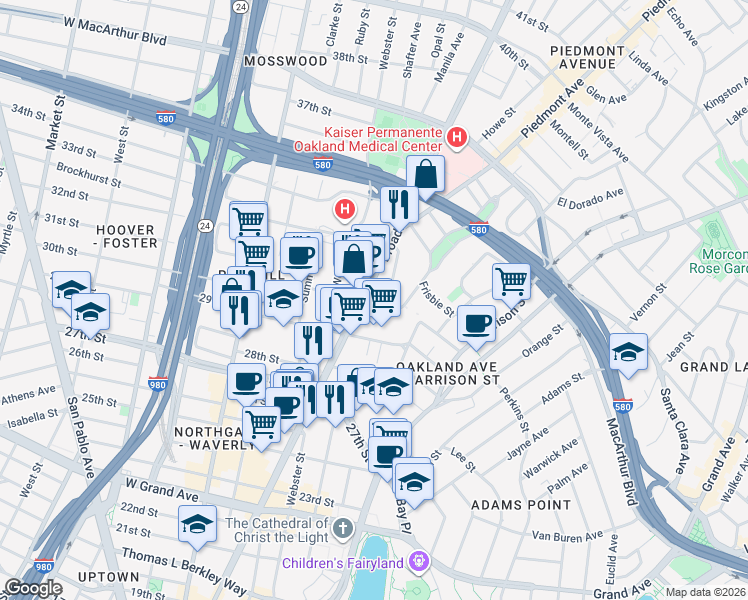 map of restaurants, bars, coffee shops, grocery stores, and more near 2966 Broadway in Oakland
