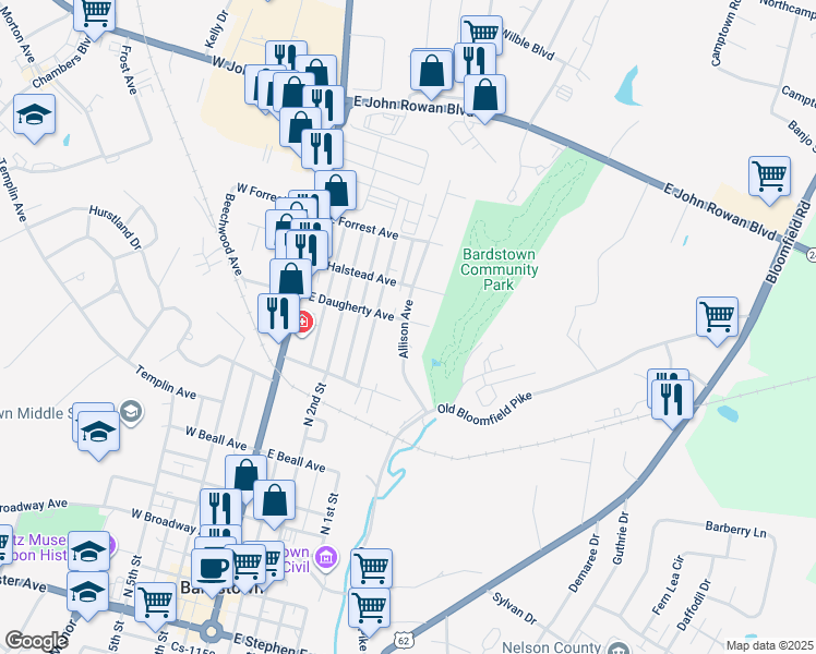map of restaurants, bars, coffee shops, grocery stores, and more near 628 Allison Avenue in Bardstown
